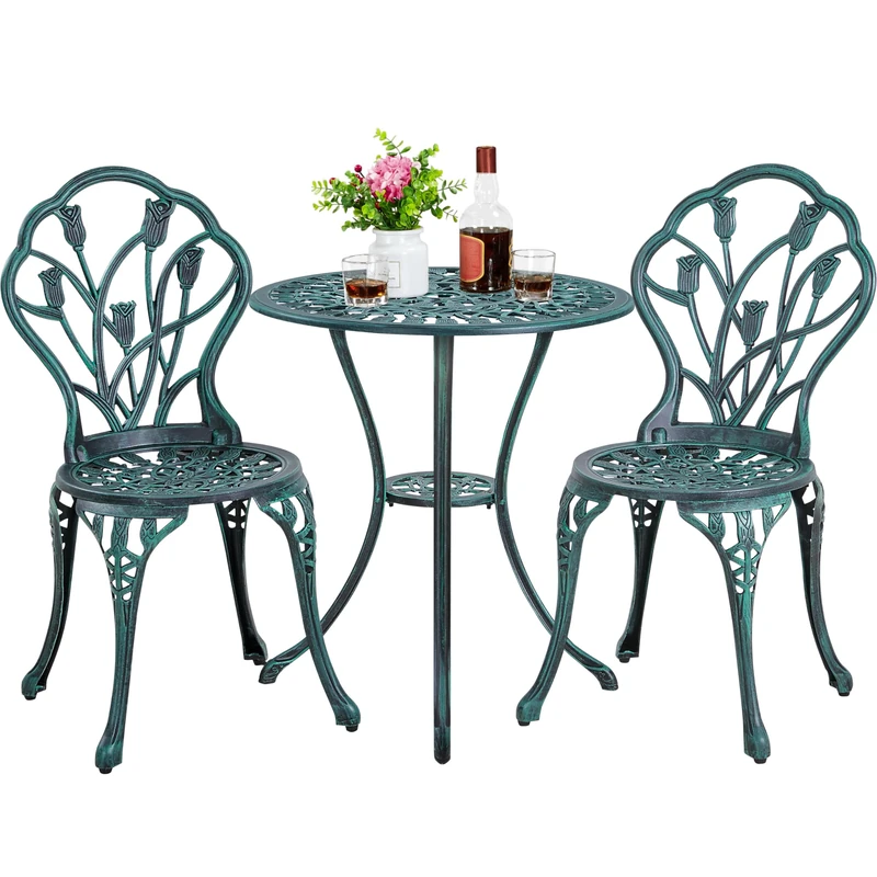 Yaheetech 3 Piece Patio Bistro Set, Garden Round Aluminum Table with 2 Chairs, Outdoor Antique Rose Vine Dining Furniture for Backyard, Porch, Balcony, Lawn, Green - Image 1