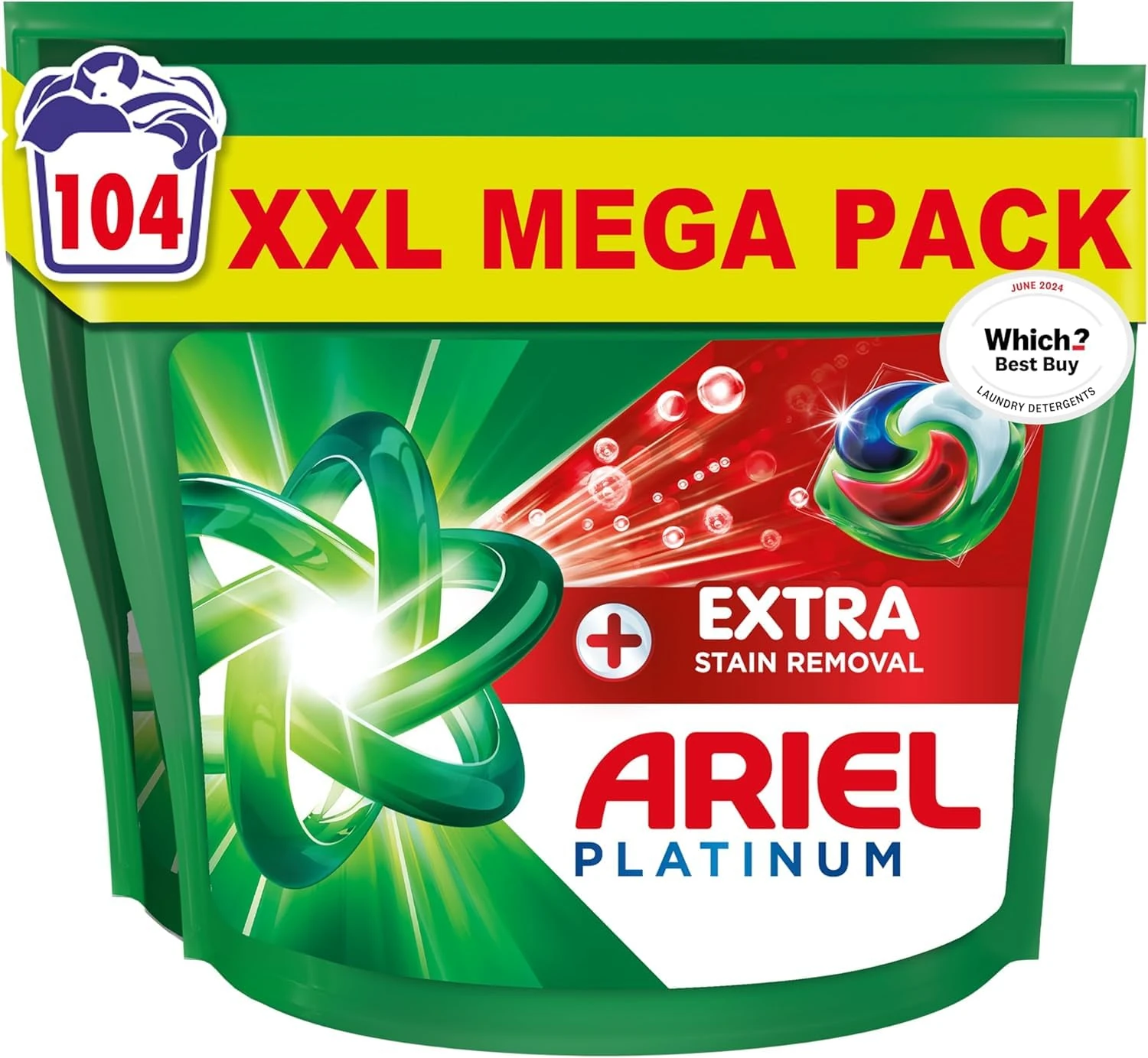 Ariel Platinum PODS® Laundry Detergent Capsules, 104 Washes (52 x 2) – Extra Stain Removal, Removes 7-Day Dried-In Stains