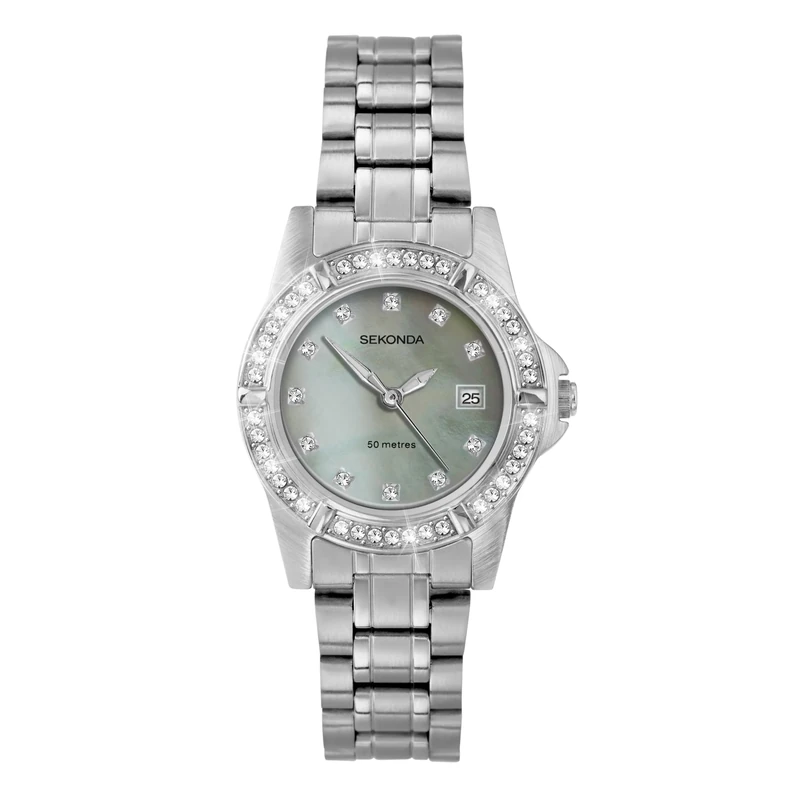Sekonda Dress Ladies 31mm Quartz Watch in Green Mother of Pearl with Analogue Date Display, and Silver Stainless Steel Strap 40652