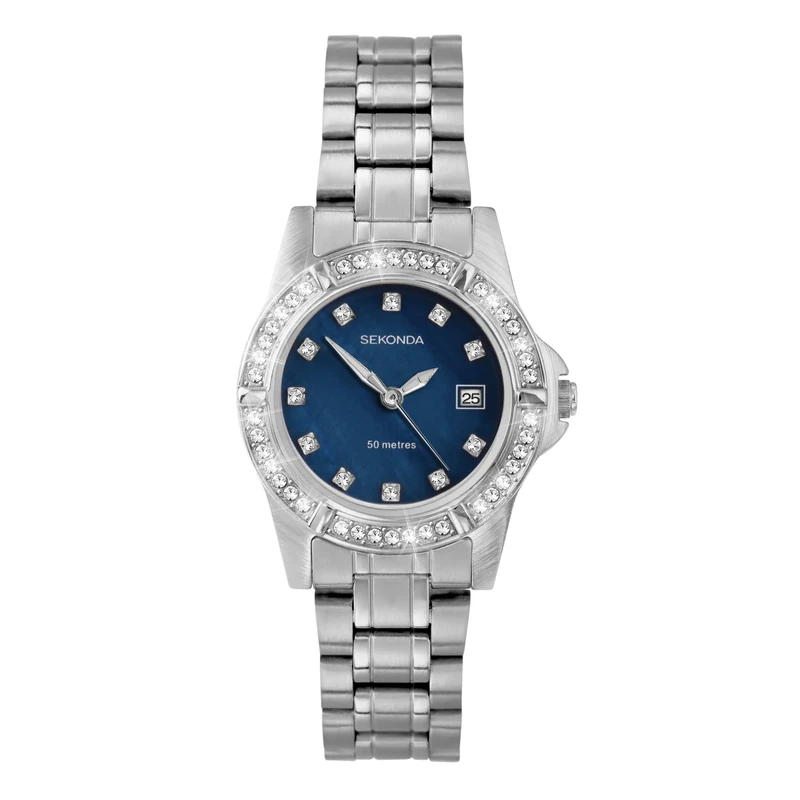 Sekonda Dress Ladies 31mm Quartz Watch in Blue Mother of Pearl with Analogue Date Display, and Silver Stainless Steel Strap 40653