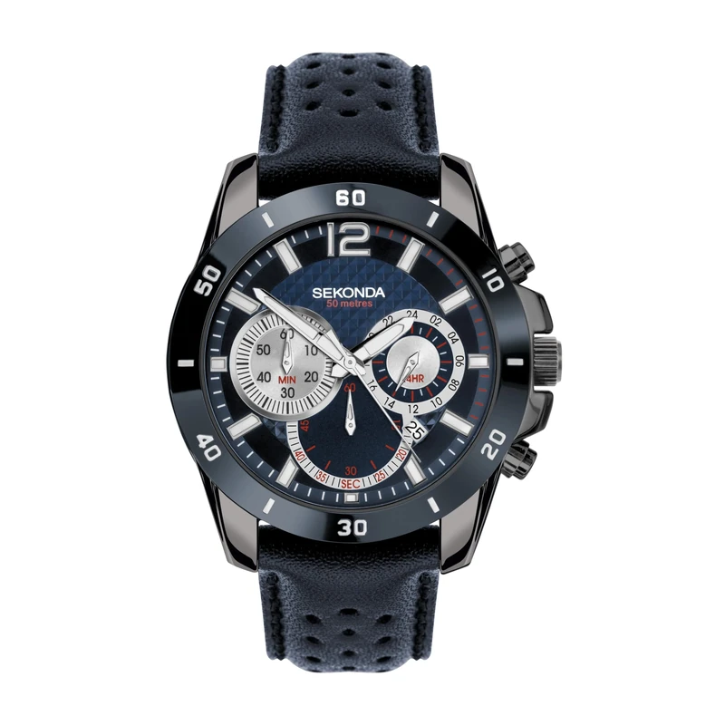 Sekonda Sport Solo Men's 48mm Quartz Watch in Blue with Chronograph Date Display, and Blue Leather Strap 30192