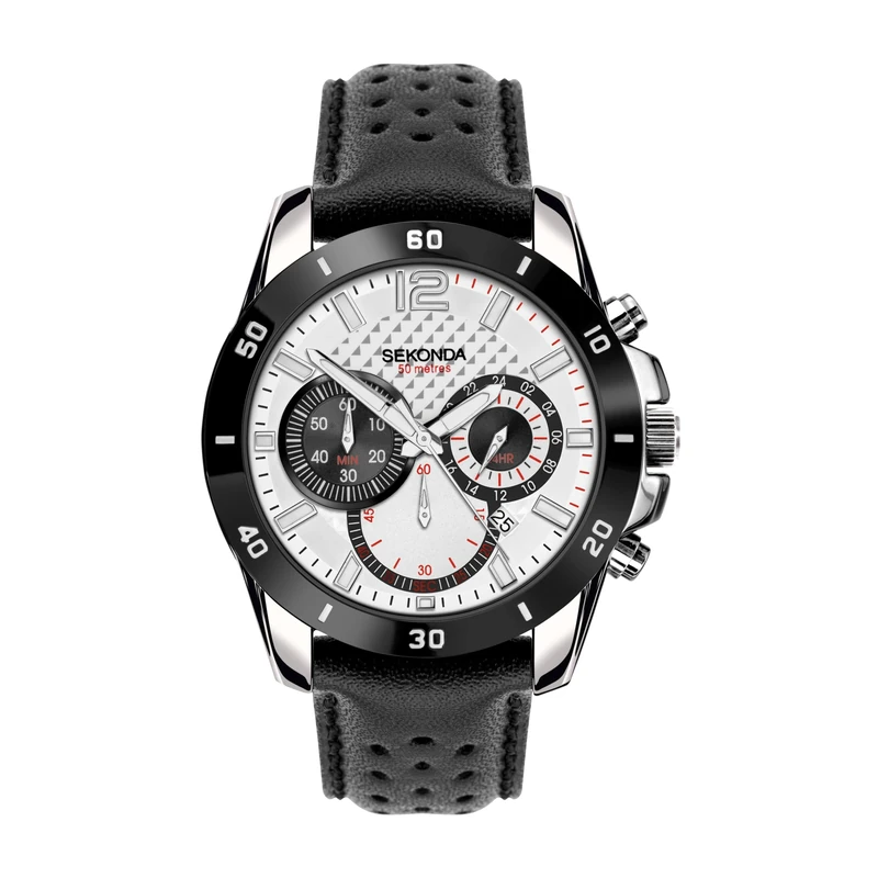 Sekonda Sport Solo Men's 48mm Quartz Watch in White with Chronograph Date Display, and Black Leather Strap 30191