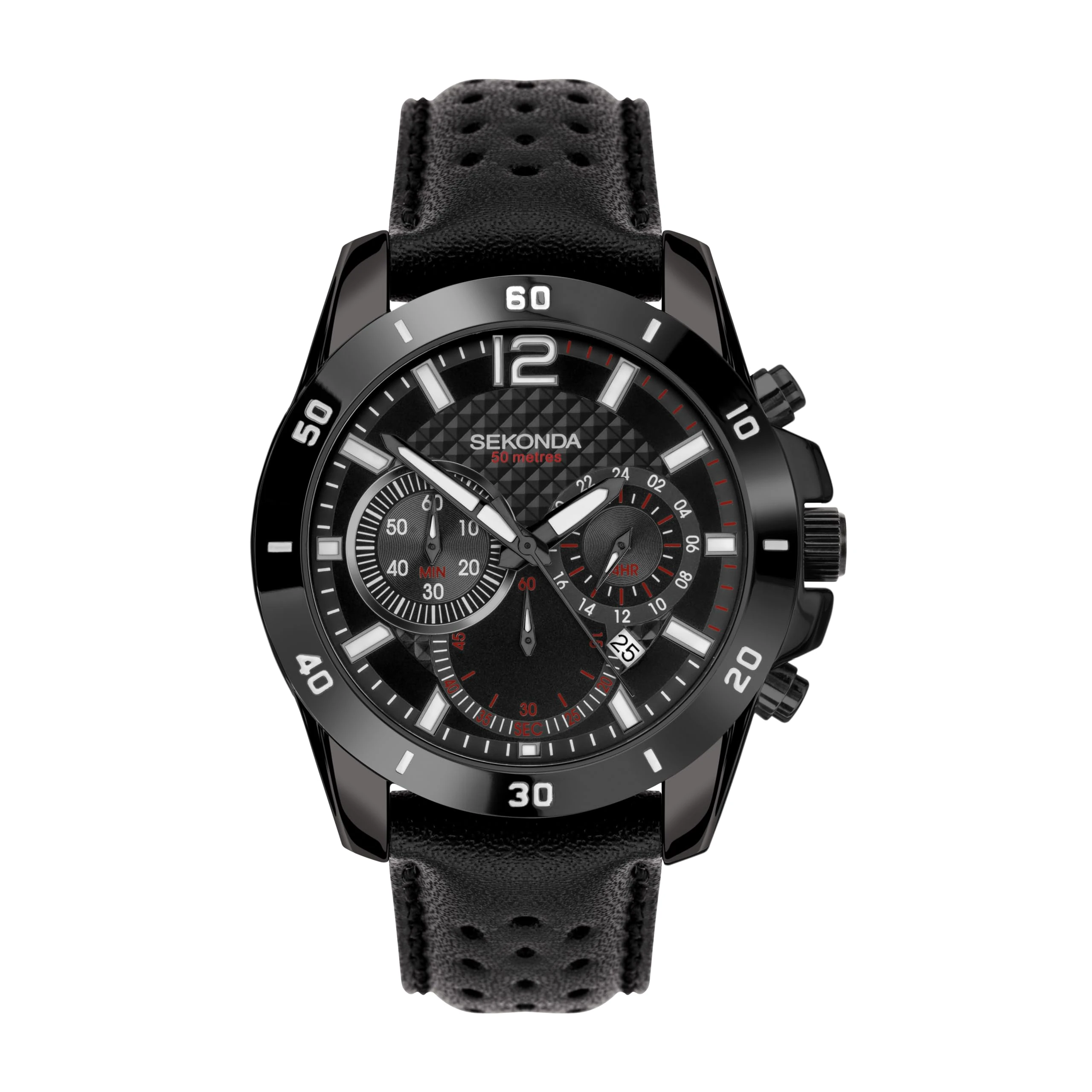 Sekonda Sport Solo Men's 48mm Quartz Watch in Black with Chronograph Date Display, and Black Leather Strap 30190