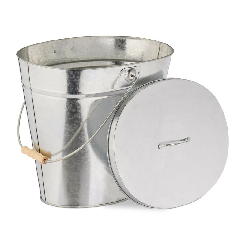 Relaxdays Bucket, with Lid, 22 L, Bin, Wooden Handle, for Coal & Ash, Fireplace, Stove, Galvanised Steel, Silver, 39 x 40 x 31.5 cm