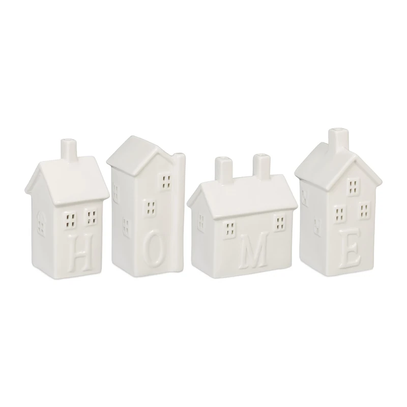 Relaxdays Set of 4 Tealight Cover in Shape of House, Ceramic Figurines for 1 Candle each, Cute Table Decoration, White