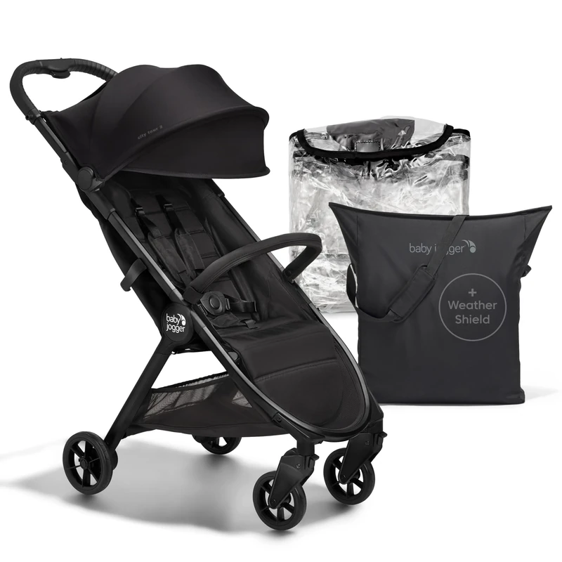 Baby Jogger City Tour 2 Eco Stroller Travel System | Ultra-Lightweight, Foldable & Compact Pushchair Buggy, Carry Bag, Weather Shield & Belly Bar | With Sustainable Fabrics | Black