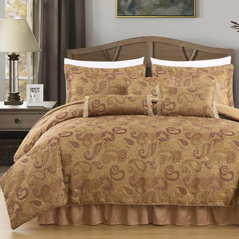 Chezmoi Collection Adelle 7-Piece Paisley Jacquard Embroidered Comforter Bedding Set, Oversized King Size