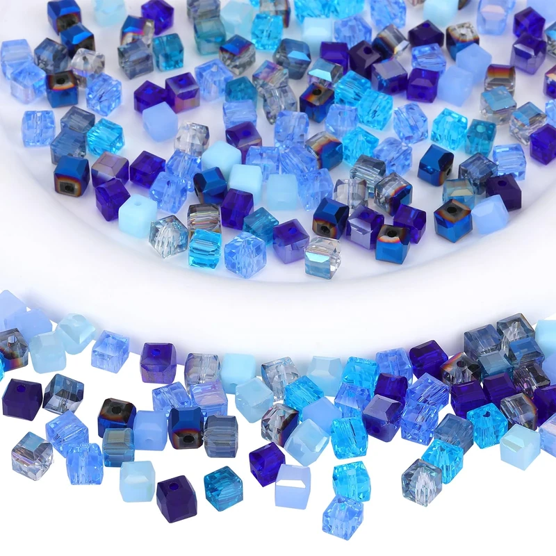 BEEFLYING 200 Pieces 6mm Cube Crystal Glass Beads for Jewelry Making Square Glass Spacer Beads for Bracelet Necklace Earring Craft DIY Home Decor（Blue