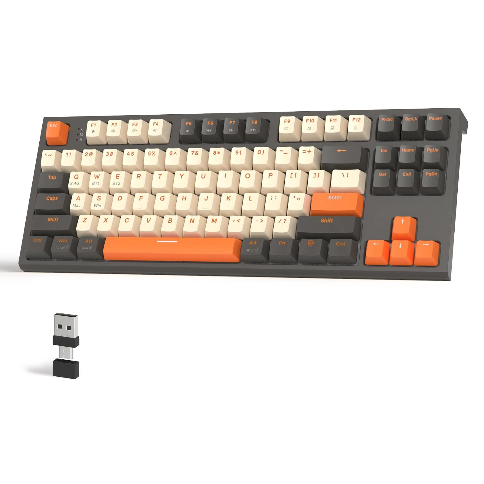 FREEWOLF M88 Wireless Gaming Keyboard, Hot Swappable TKL Mechanical Keyboard, Bluetooth/2.4Ghz Dual Mode Connect, Type C/USB A 2-in-1 Receiver, 87 PBT Keycaps Red Switch for PC/MAC - Grey & Orange