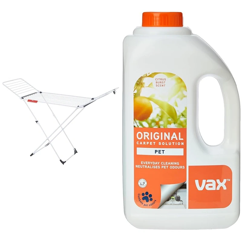 Vileda Extra X-Legs Clothes Airer, Indoor Clothes Drying Rack with 20m Washing Line, White & Vax Original 1.5L Carpet Cleaner Solution | Suitable for Everyday Cleaning