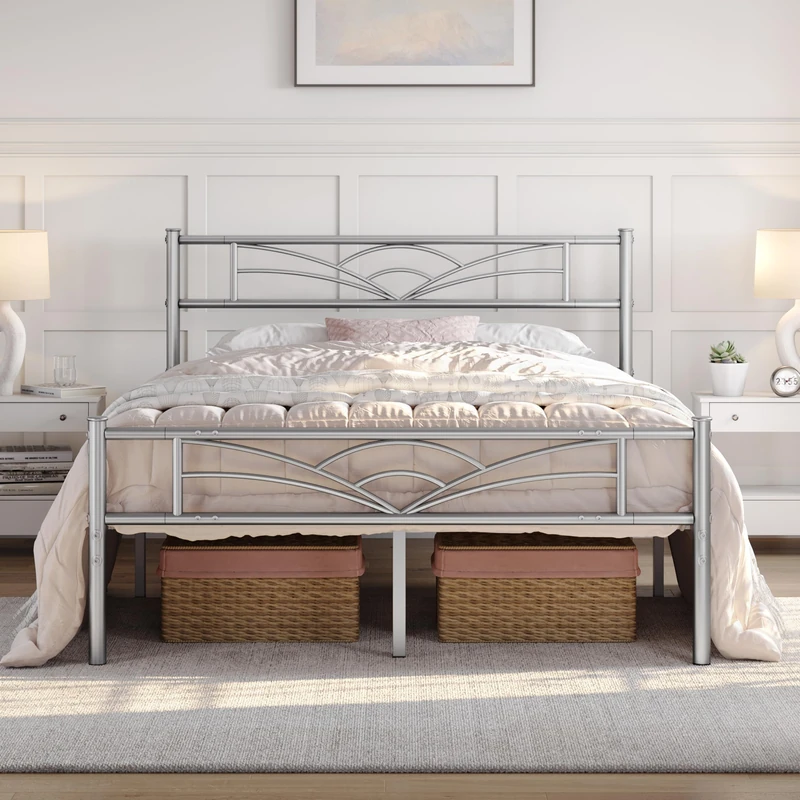 Yaheetech 4ft6 Double Bed Solid Bed Frame with Cloud-inspired Design Headboard and Metal Bed Slats, Ample Under-bed Storage Silver