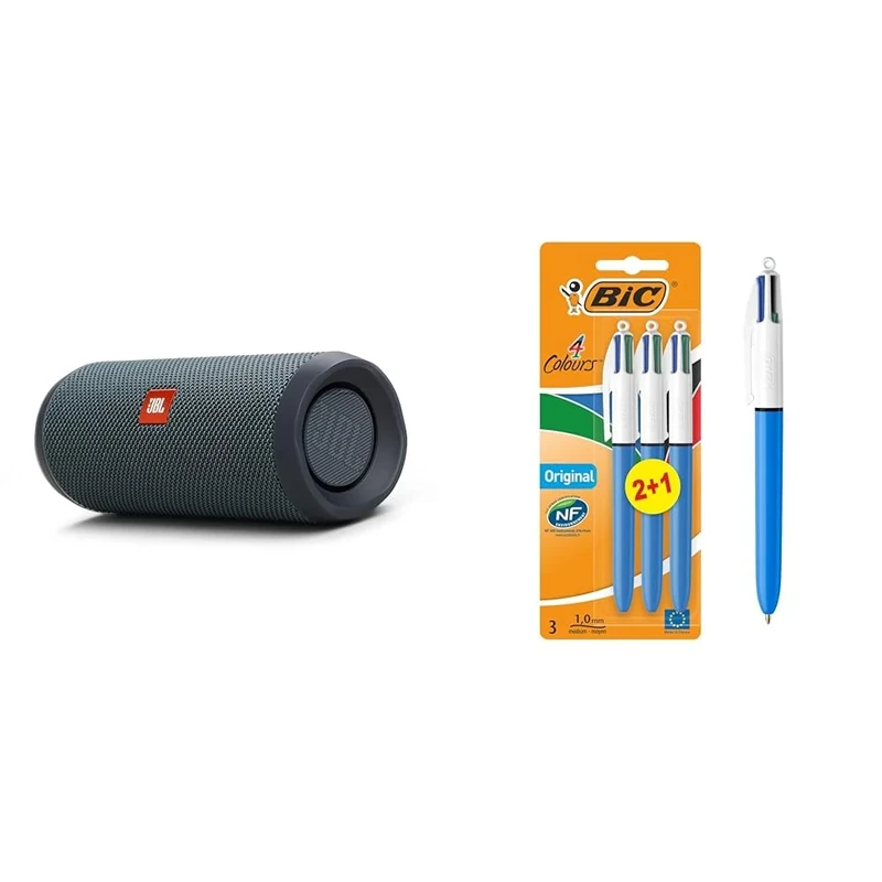 JBL Flip Essential 2 Portable Bluetooth Speaker with Rechargeable Battery & BIC 4 Colours Original Pens, Multi Coloured Pens All In One, Biro Pens, Medium 1.0mm