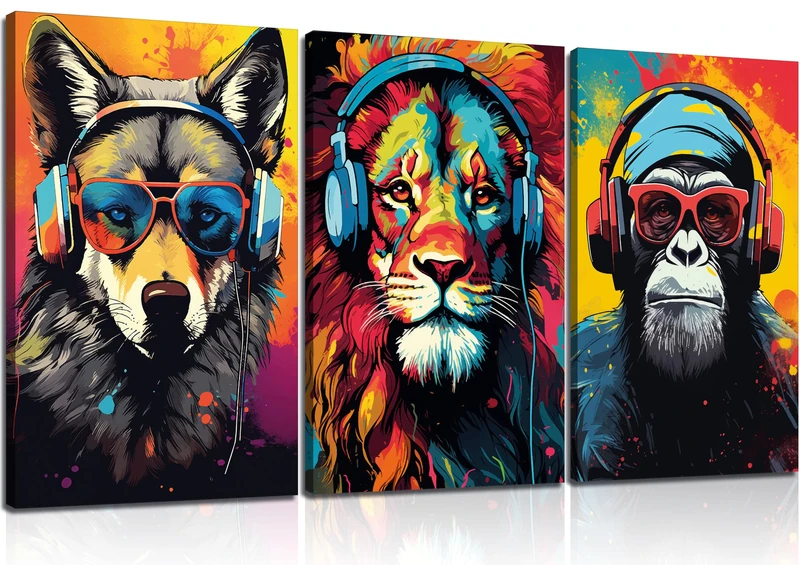 3pcs Gaming Wall Art Animal Graffiti Posters Pictures With Headphones Sunglasses Gorilla Tiger Wolf Cool Gamer Canvas Prints Colorful Graffiti Paintings For Teens Game Boys Room Wall Decor Framed