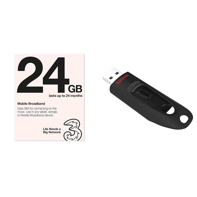 Three Mobile Pay As You Go Mobile Broadband 24 GB data SIM & SanDisk 64GB Ultra USB Flash Drive USB 3.0 Up to 130 MB/s Read, Black, (Pack of 1)