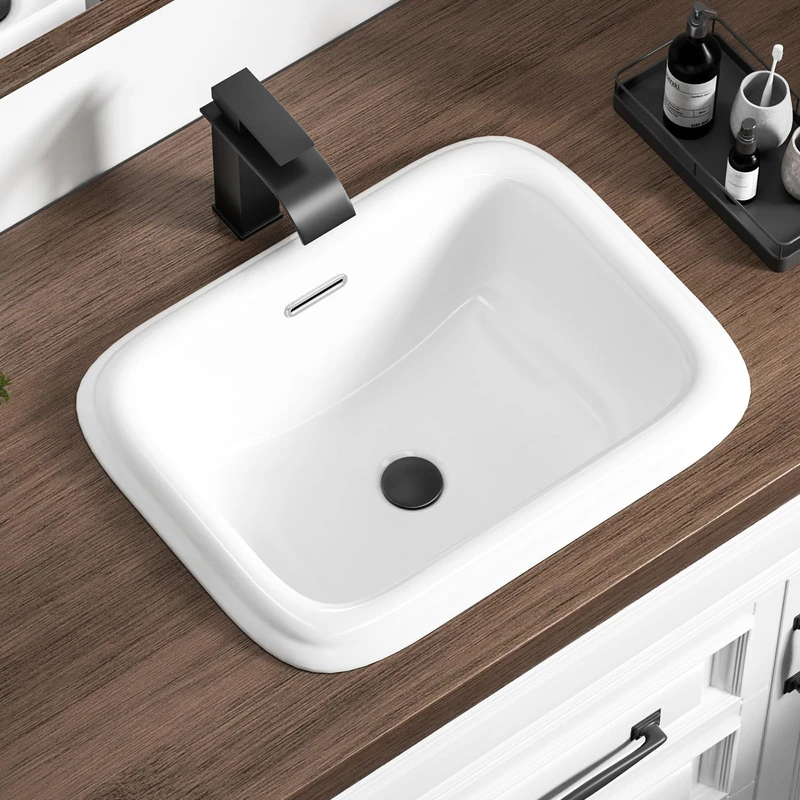 KARAMAG 19 Inch Drop in Bathroom Vessel Sink with Overflow Rectangle White