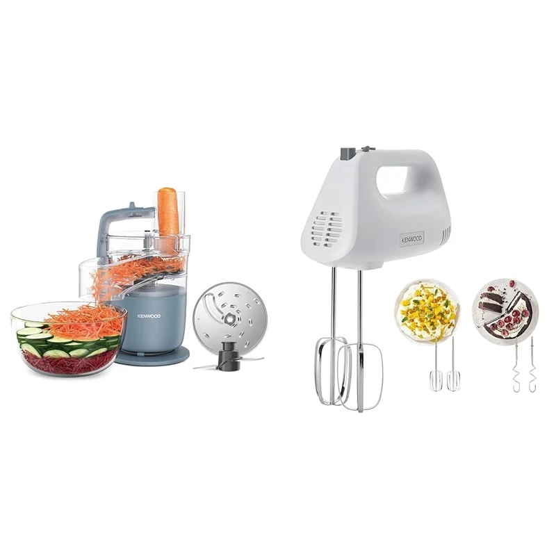 Kenwood, MultiPro Go FDP22.130GY, Food Processor, for Chopping & Hand Mixer,Electric Whisk, 5 Speeds, Stainless Steel Kneaders and Beaters for Durability and Strength, 450 W, HMP30.A0WH, White