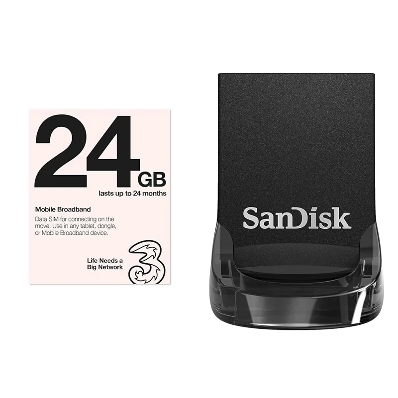 Three Mobile Pay As You Go Mobile Broadband 24 GB data SIM & SanDisk 256GB Ultra Fit USB 3.2 Flash Drive Up to 400 MB/s Read