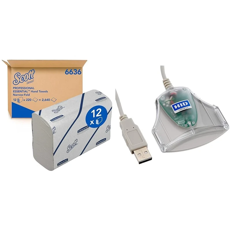 Scott Essential Hand Towels 6636 - Narrow-Fold Paper Hand Towels - 12 Clips x 220 White Paper Towels (2,640 Total) & HID Identity CardReader Omnikey 3021 USB Mobiler Smart Card Leser