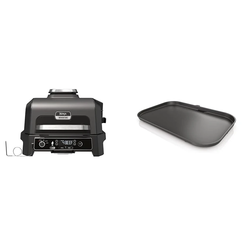 Ninja Woodfire Pro XL Electric BBQ Grill & Smoker with Digital Probe & Woodfire XL Flat Plate, Non-Stick Flat Top BBQ Griddle Plate, Official Accessory