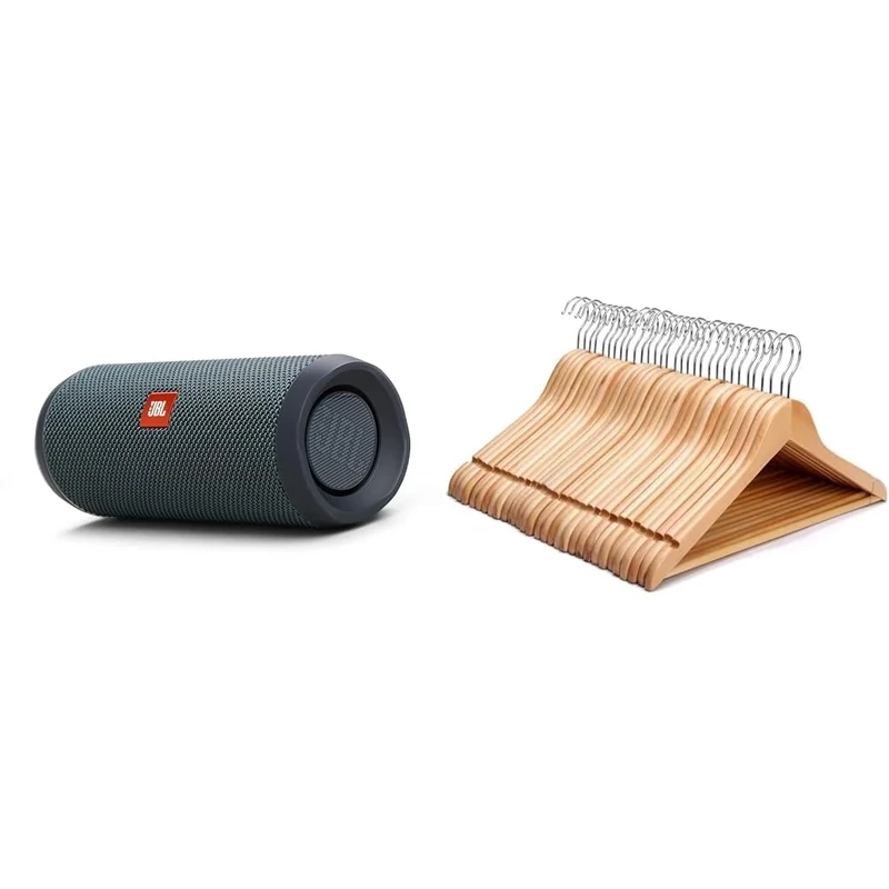 JBL Flip Essential 2 Portable Bluetooth Speaker with Rechargeable Battery & KEPLIN Strong Natural Wood Wooden Coat Hangers with 360 Degree Rotatory Hook