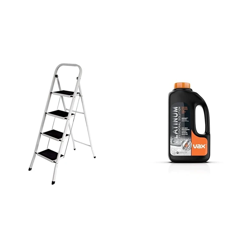 Home Vida 4 Step Ladder, Heavy Duty Steel, Folding, Portable with Anti-Slip Mat & Vax Platinum Professional 1.5 Litre Carpet Cleaner Solution | Deep Cleans and Removes Tough Stains - Image 1