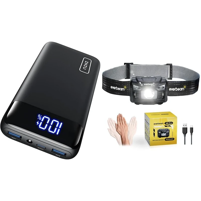 INIU Power Bank, 20000mAh Fast Charging Portable Charger, 22.5W Powerbank & Everbeam H6 Pro LED Head Torch Headlamp, Motion Sensor Control