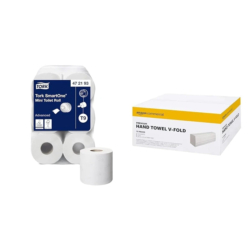 Tork SmartOne Mini Toilet Roll White T9, Advanced, 2-Ply, 12 x 620 Sheets, 472193 & AmazonCommercial Interfold V-fold Paper Hand Towels, 2-Ply, 15 Pack of 210 (3150 Sheets), White, 21 x 24 cm