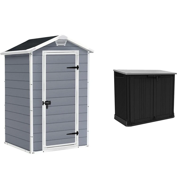 Keter Manor & Nova Outdoor Garden Storage Sheds, Grey, 4 x 3 ft & 32 x 71.5 x 113.5 cm, Dark & Light Grey