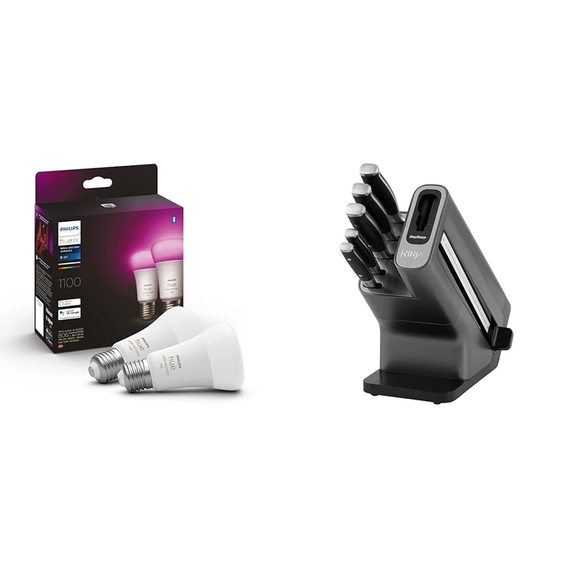 Philips Hue White and Colour Ambiance Smart Light Bulb 2 Pack 75W - 1100 Lumen & Ninja Foodi StaySharp Knife Block with Integrated Sharpener - Image 1