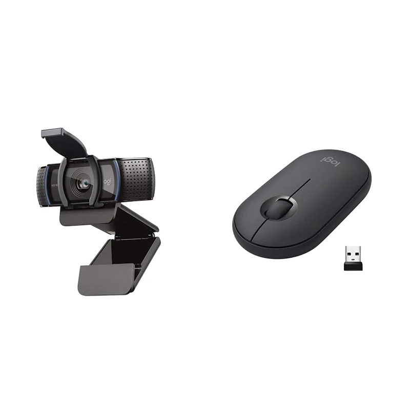Logitech C920S HD Pro Webcam, Full HD 1080p/30fps Video Calling, Clear Stereo Audio & Pebble Wireless Mouse with Bluetooth or 2.4 GHz Receiver, Silent