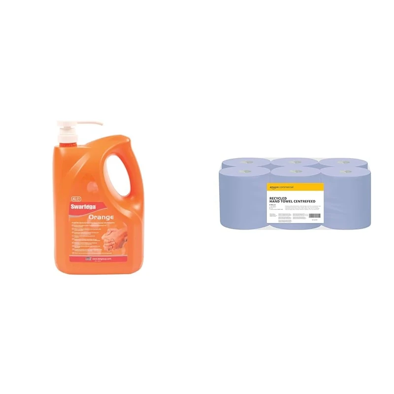 Swarfega Orange Hand Wash, Solvent-Free Heavy Duty Hand Cleaner & AmazonCommercial Recycled Blue 2-Ply Paper Hand Towels, Centre Feed Compatible, 30 cm x 20 cm, 2700 Sheets (6 Pack of 450 Sheets)
