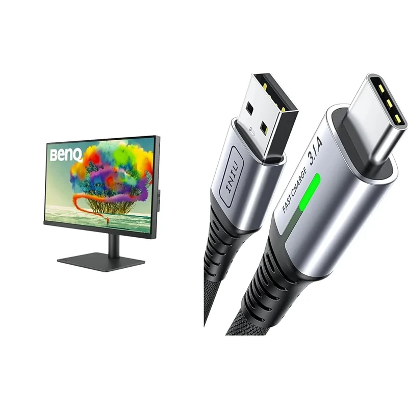 BenQ PD2705U 27” 4K Monitor for Mac, UHD, sRGB, Rec.709, HDR10, IPS, AQCOLOR Technology & INIU USB C Charger Cable 2m 3.1A Type C Cable Fast Charging
