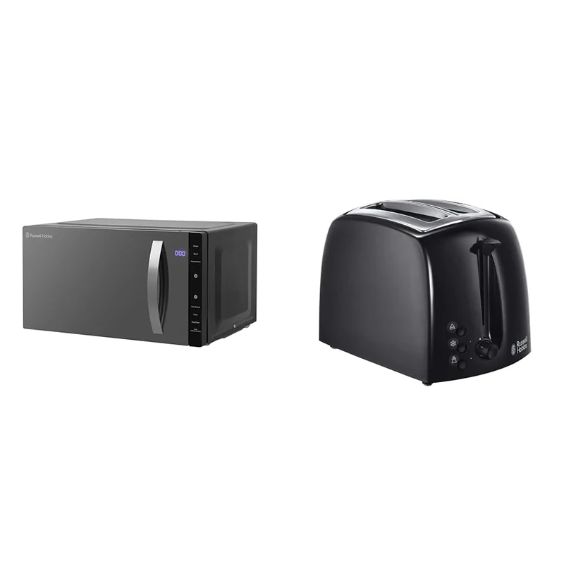 Russell Hobbs RHFM2363B 23 L 800 W Black Digital Flatbed Solo Freestanding Microwave & Textures 2 Slice Toaster (Extra Wide Slots, 6 Browning levels, Frozen