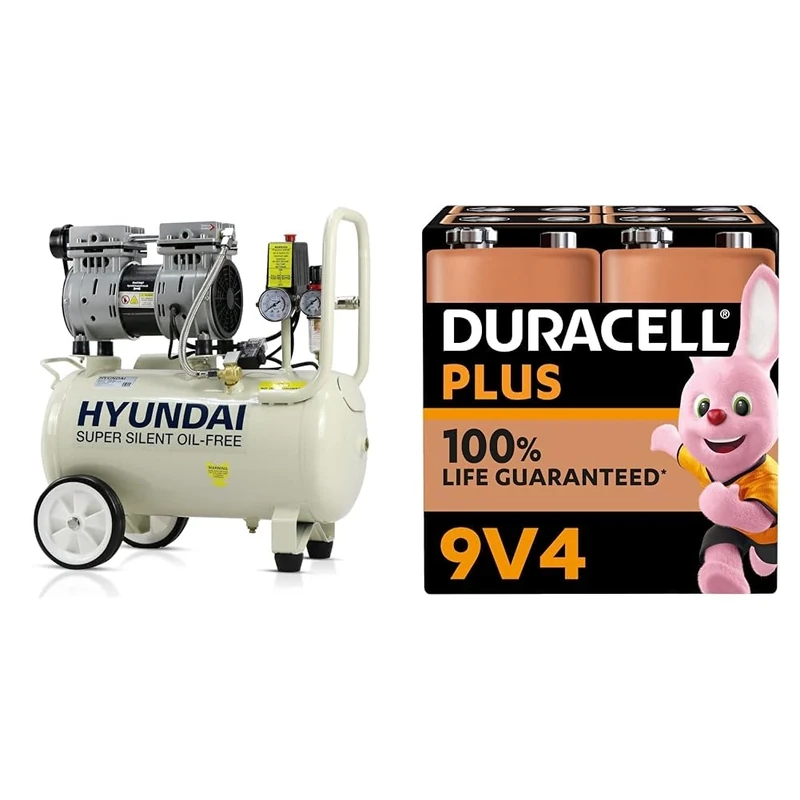 Hyundai HY7524 24 Litre Air Compressor, 5.2cfm/100psi, Silenced & Duracell Plus 9V Batteries (4 Pack) - Alkaline - 100% Life Guarenteed - Reliability for Everyday Devices
