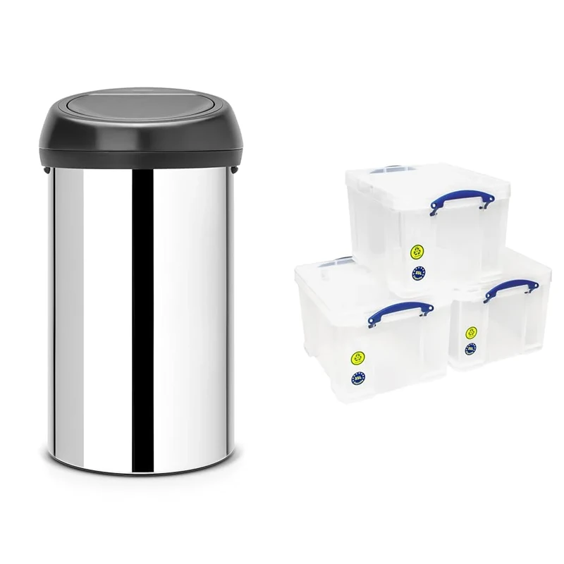 Brabantia 60 Litre Large Kitchen Touch Bin (Brilliant Steel/Matt Black Lid) Removable Lid & Really Useful Plastic Storage Box Bonus Pack 3x35 Litre Clear