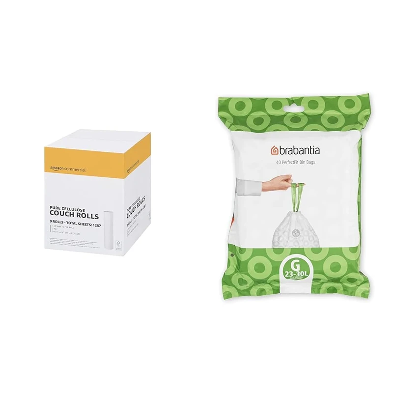 AmazonCommercial Premium Cellulose Rectangular Couch Rolls, 20" - 2 PLY - 50 Metres per roll, 9-Pack & Brabantia Bin Liners, Size G, 23-30 L - 40 Bags,White,375668