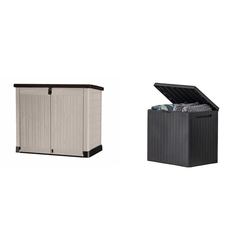 Keter 250001 Store It Out Pro Outdoor Storage Shed, 145.5 x 82 x 123cm Beige/Brown & City 30 Gallon Resin Deck Box for Patio Furniture, Pool Accessories, and Storage for Outdoor Toys, Graphite