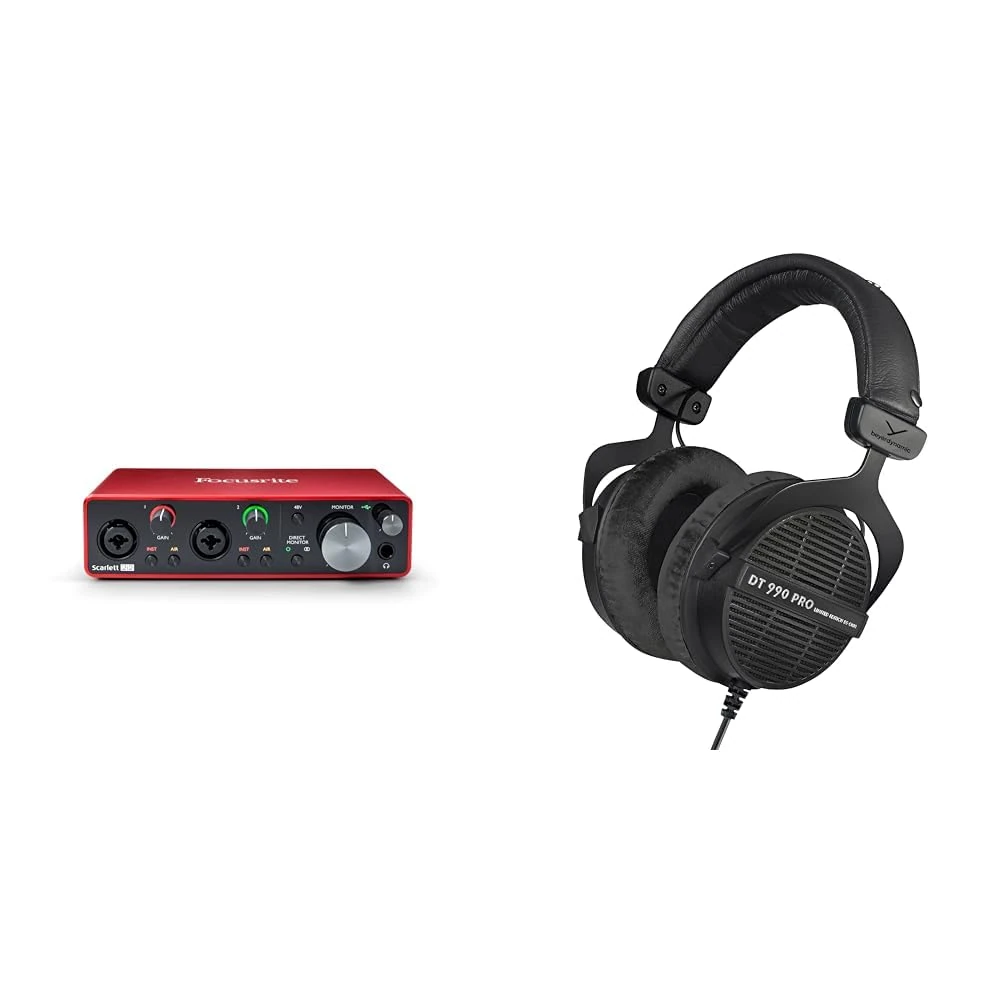 Focusrite Scarlett 2i2 3rd Gen USB Audio Interface for Recording, Songwriting & beyerdynamic Dt 990 Pro Over-Ear Studio Monitor Headphones