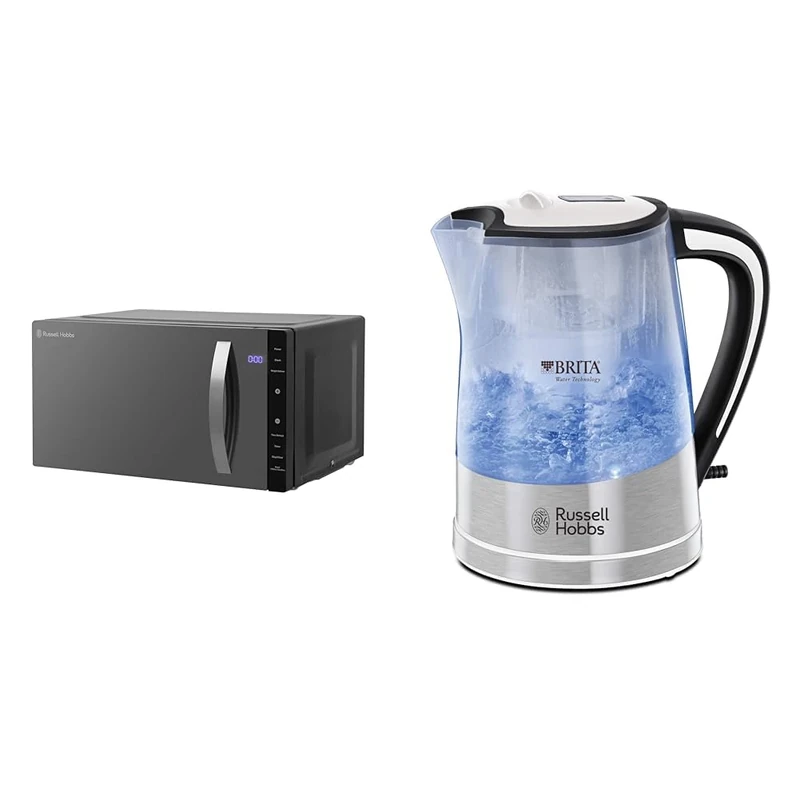 Russell Hobbs RHFM2363B 23 L 800 W Black Digital Flatbed Solo Freestanding Microwave & Brita Filter Purity 1.5L, Fast boil 3KW Electric Cordless Kettle for cleaner, clearer water