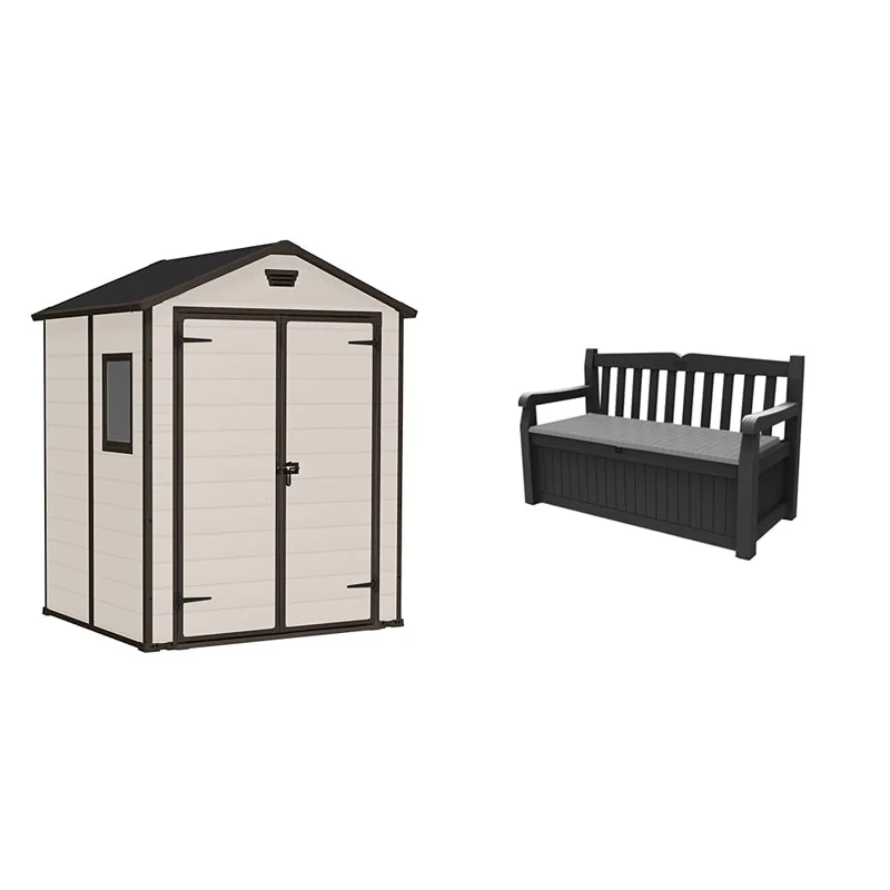 Keter Manor Outdoor Apex Double Door Garden Storage Shed 6 x 5ft Beige Brown Wood effect & Eden Bench 265L Outdoor 60% recycled Garden Furniture Storage Box Graphite & Light Grey