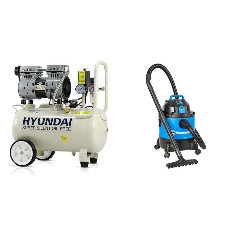 Hyundai HY7524 24 Litre Air Compressor, 5.2cfm/100psi, Silenced & Vacmaster Multi 20 PTO Wet & Dry Vacuum Cleaner, 20 Litre, 1250W Motor
