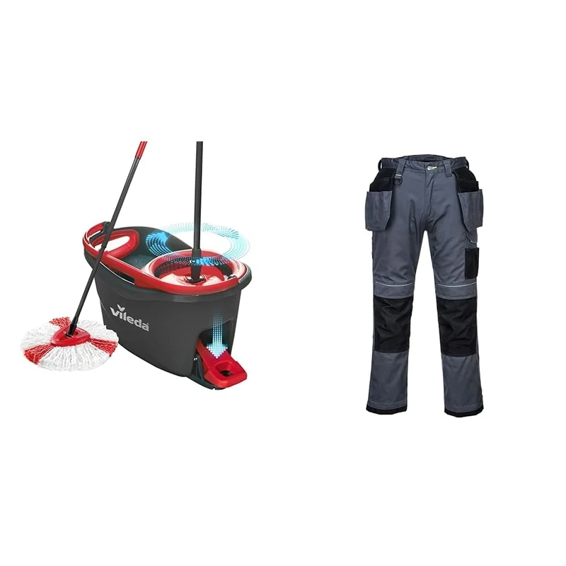 Vileda Turbo Microfibre Mop and Bucket Set, Spin Mop for Cleaning Floors & Portwest T602 Reinforced Durable PW3 Holster Work Trouser Zoom Grey/Black, 28 - Image 1