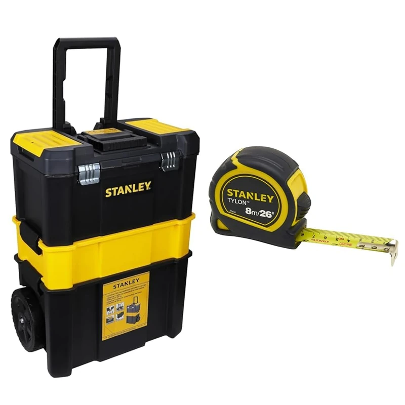 STANLEY Essential Rolling Workshop Toolbox, 3 Tier Stackable Units, STST1-80151 & Tylon 8m/26ft Pocket Tape Yellow/Black, 0-30-656