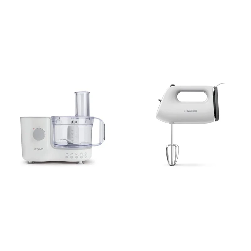 Kenwood Compact Food Processor, 1.4L Bowl, Blender, Emulsifying, Chopping Blade, Shredder Disc 400W, FP120, White & QuickMix Lite, Lightweight Hand Mixer Twin Beaters with Slow Speed Start
