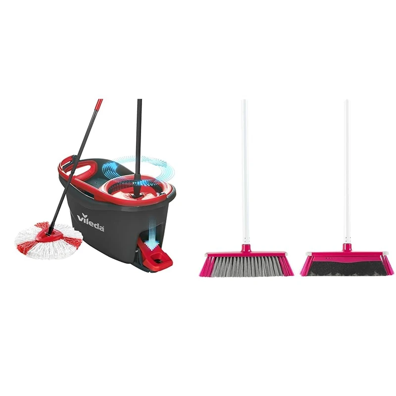 Vileda Turbo Microfibre Mop And Bucket Set, Spin Mop For Cleaning Floors & Kleeneze KL076113EU7 2 in 1 Sweeping Brush – Foam Brush with 130 cm Handle