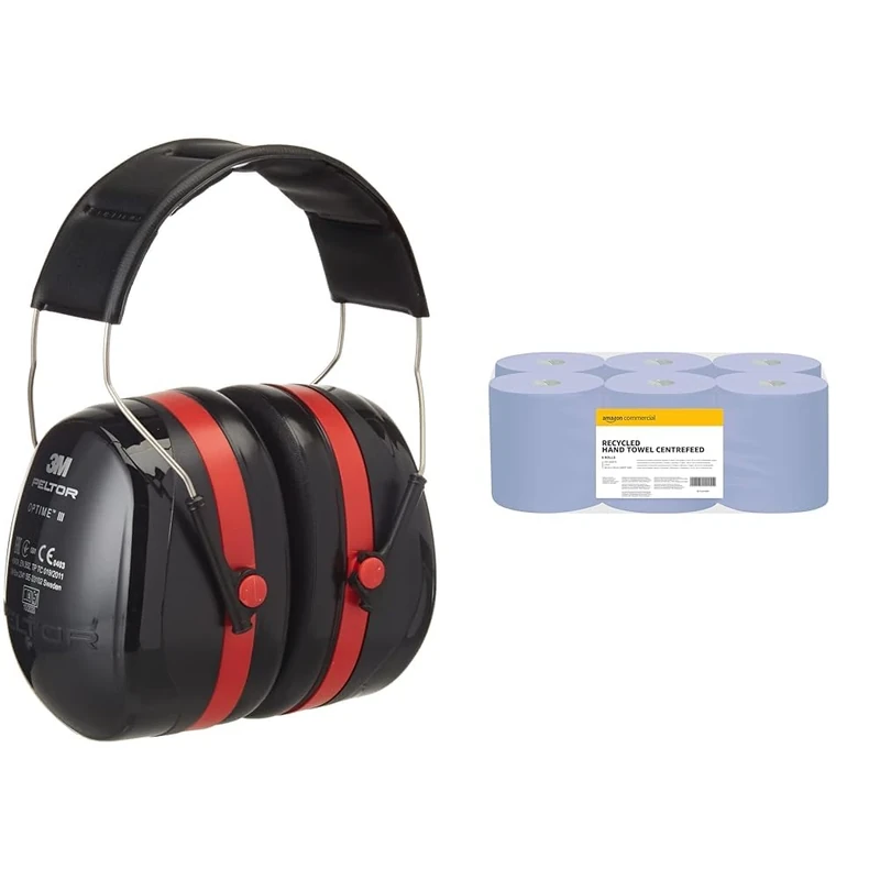 3M PELTOR Optime III Ear Defenders Adults – Protective Earmuffs with Headband & AmazonCommercial Recycled Blue 2-Ply Paper Hand Towels, Centre Feed Compatible