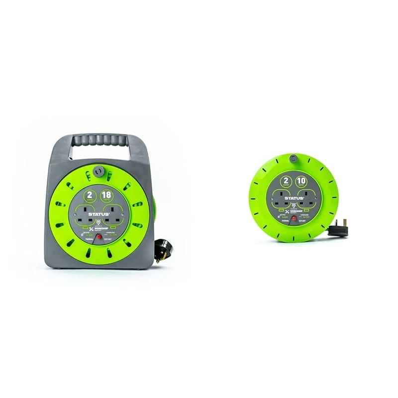 STATUS 2 Socket Cable Reel | 18m Green Extension Lead | 13A with Thermal Cut Out & 2 Socket Cable Reel | 10m Green Extension Lead | 13A with Thermal Cut Out