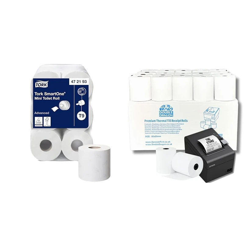 Tork SmartOne Mini Toilet Roll White T9, Advanced, 2-Ply, 12 x 620 Sheets, 472193 & Double Dragon, 80 x 80 mm Premium Thermal Paper Till Receipt Roll for EPOS Printer