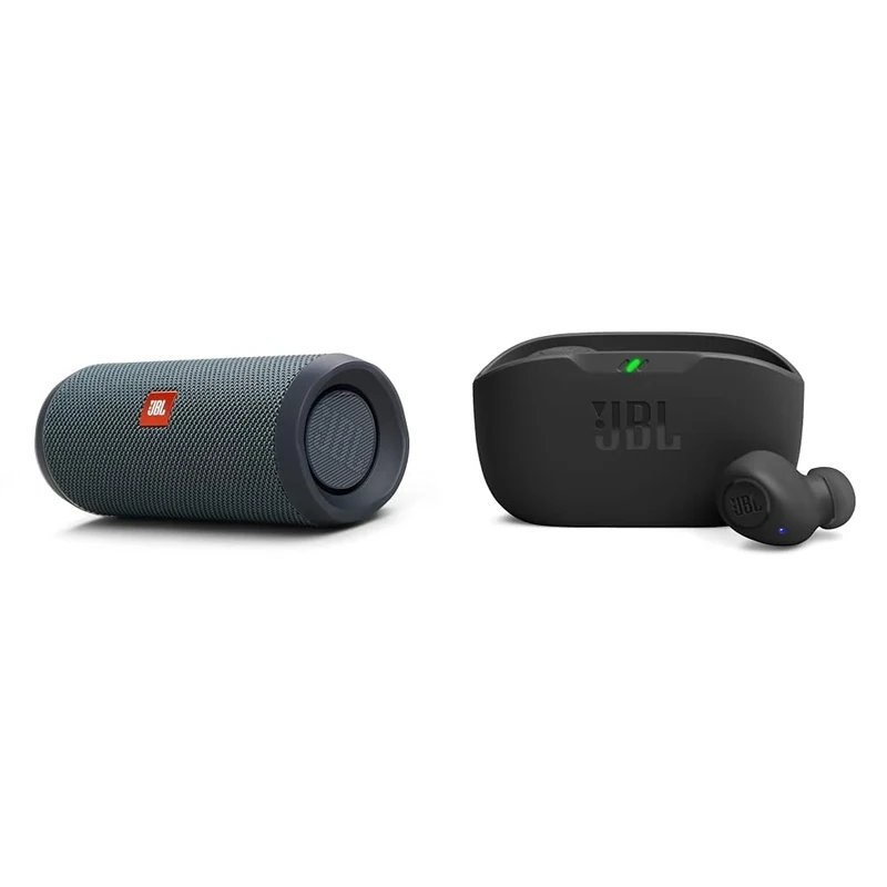 JBL Flip Essential 2 Portable Bluetooth Speaker with Rechargeable Battery & Wave Buds, In-Ear Wireless Earbuds with IP54 and IPX2 Waterproofing, Powerful Bass and 32 hours Battery Life, in Black