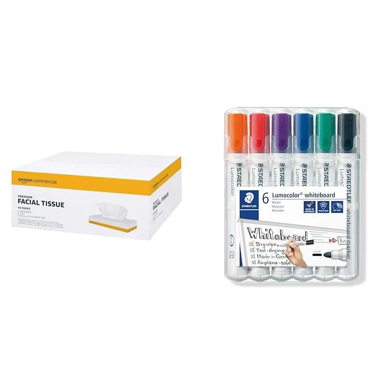 AmazonCommercial 417627 2-Ply Facial Tissues, 4000 Count(40 Pack of 100), White, (100 Sheets per Pack) & STAEDTLER 351 WP6 Lumocolor Whiteboard Marker Bullet Tip - Assorted Colours (Pack of 6)